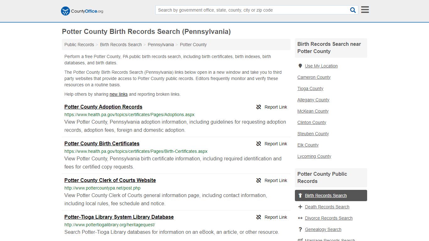 Potter County Birth Records Search (Pennsylvania)